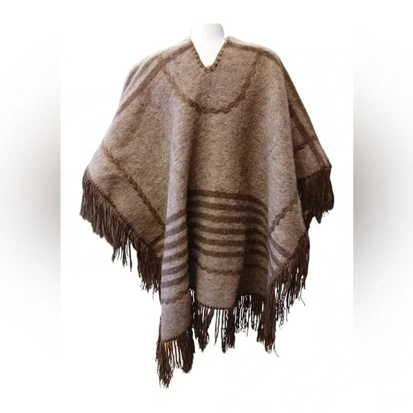 Alpaca Peru  Wool Vintage Shawl Fringe Heavyweight Brown Tan - Picture 2 of 8
